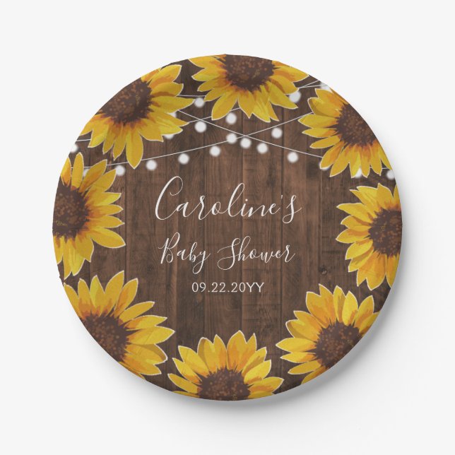 Rustic Sunflowers String Lights Wood Baby Shower Paper Plate (Front)