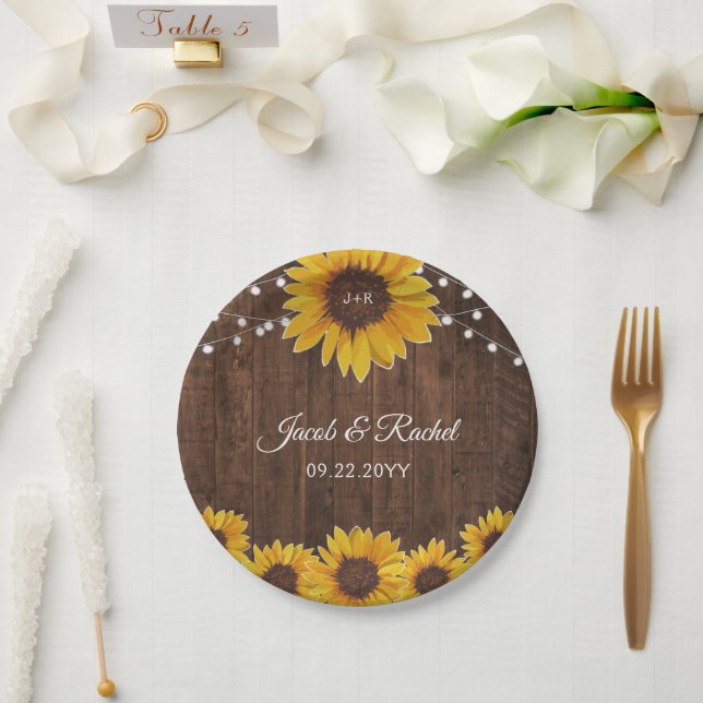 Rustic Sunflowers String Lights Wood Bridal Shower Paper Plate (Wedding)