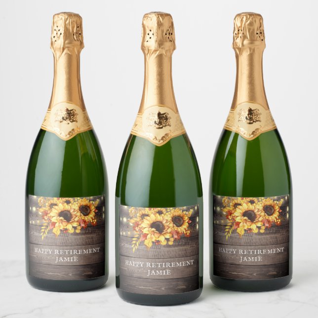 Rustic Sunflowers String Lights Wood Sparkling Wine Label (Bottles)