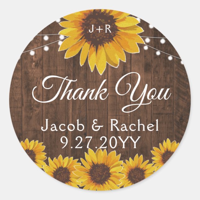 Rustic Sunflowers String Lights Wood Wedding Classic Round Sticker (Front)