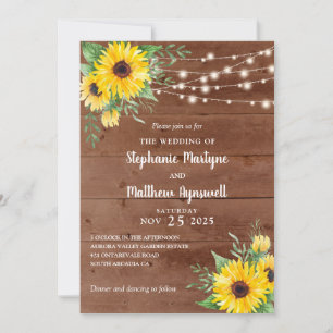 Rustic Sunflowers String Lights Wood Wedding Invitation