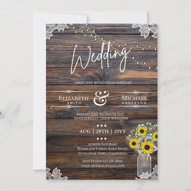 Rustic Sunflowers Strings Lights Invitation Weddin (Front)