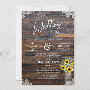 Rustic Sunflowers Strings Lights Invitation Weddin