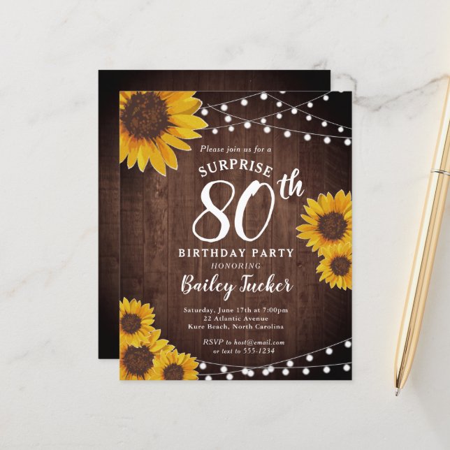 Rustic Sunflowers Surprise 80th Birthday Invite (Front/Back In Situ)