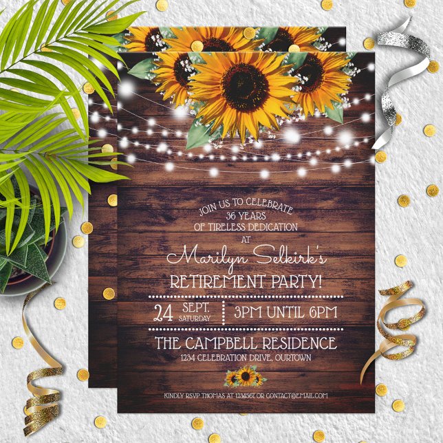 Rustic Sunflowers|Twinkle Lights Retirement Party Invitation (Creator Uploaded)