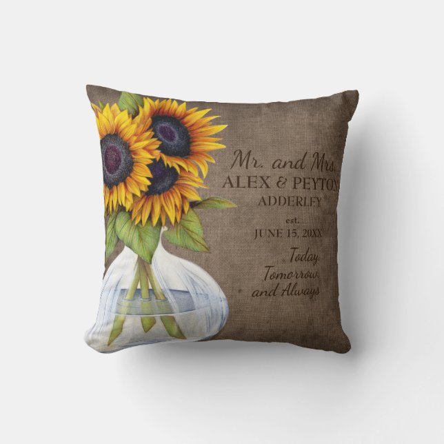 Rustic Sunflowers Vase Burlap Wedding Date Cushion (Front)