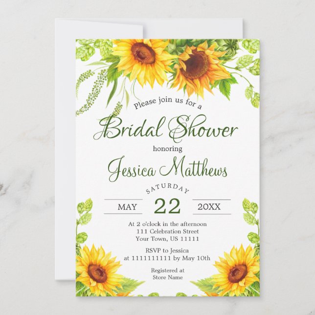 Rustic Sunflowers Watercolor Bridal Shower Invitation (Front)