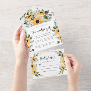 Rustic Sunflowers   Watercolor Floral Wedding All In One Invitation