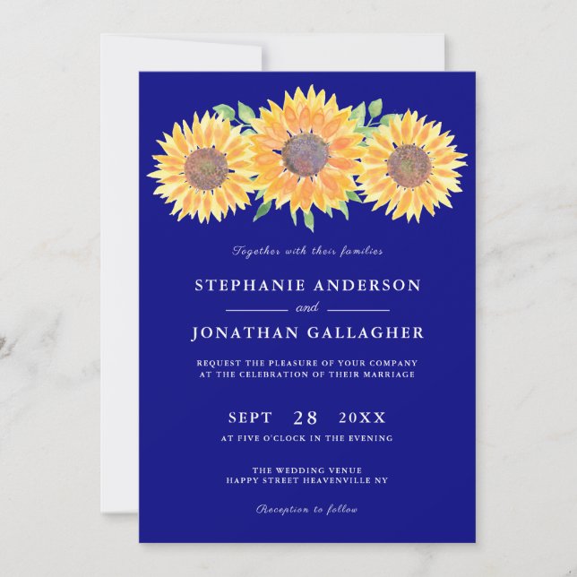 Rustic Sunflowers Watercolor Navy Blue Wedding Invitation (Front)