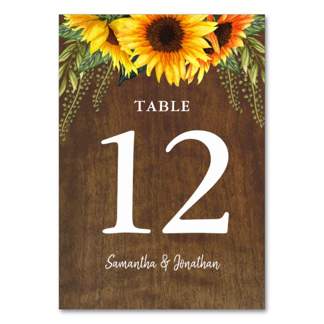 Rustic Sunflowers | Watercolor Wedding Table Number (Front)