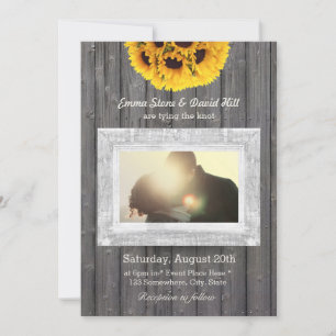 Rustic Sunflowers Weathered Wood Photo Wedding Invitation