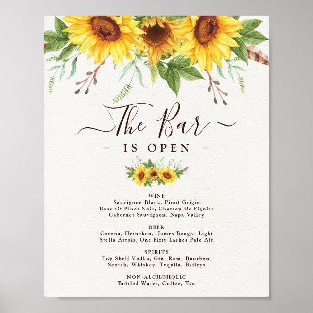 Rustic Sunflowers Wedding Bar Signature Drinks Poster (Front)