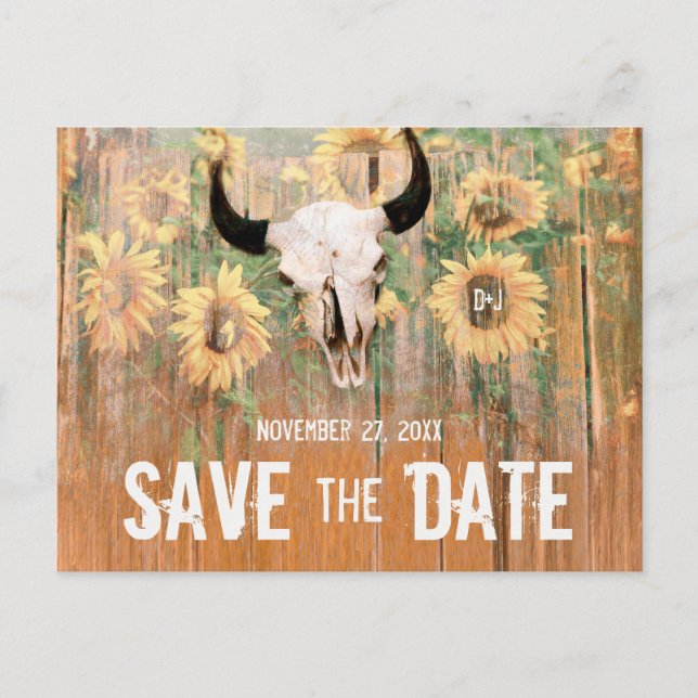 Rustic Sunflowers Wedding Bull Skull Save The Date Announcement Postcard (Front)