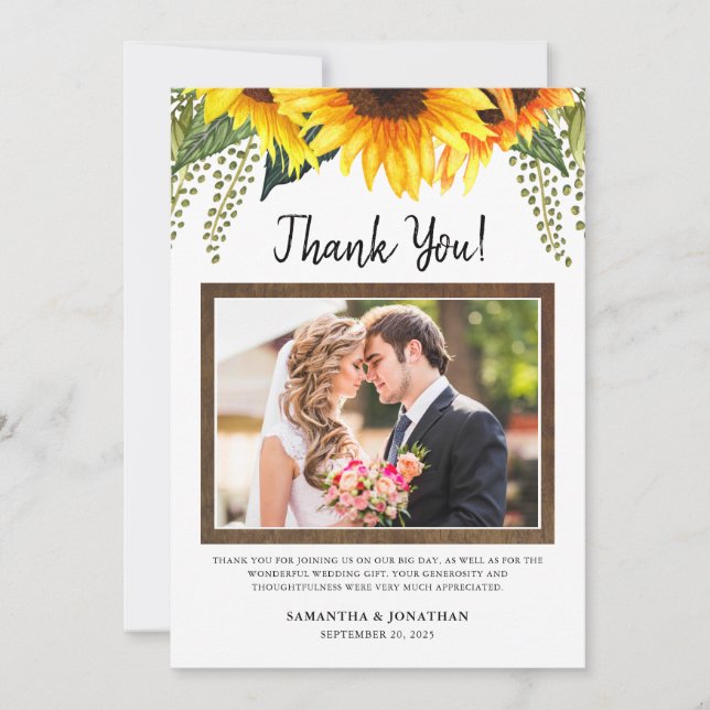Rustic Sunflowers Wedding Photo Thank You Card (Front)