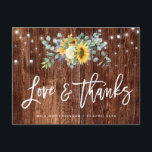 Rustic sunflowers wedding thank you card<br><div class="desc">watercolor eucalyptus and sunflowers with white brush script,  wooden background with string lights. feel free to personalise the features of this card.</div>