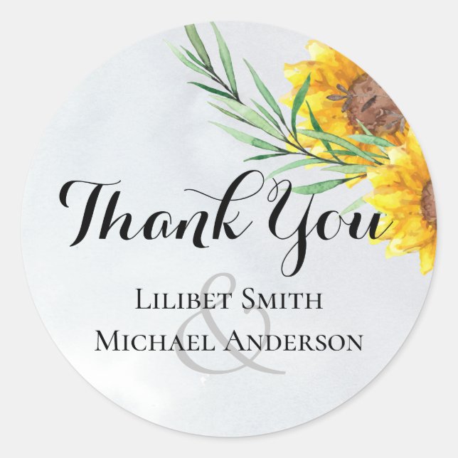 Rustic Sunflowers Wedding Thank You Favour Classic Round Sticker (Front)