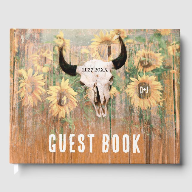 Rustic Sunflowers Western Floral Bull Skull Guest Book (Front)