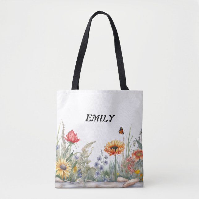 Rustic Sunflowers Wildflower | Custom Name  Tote Bag (Front)