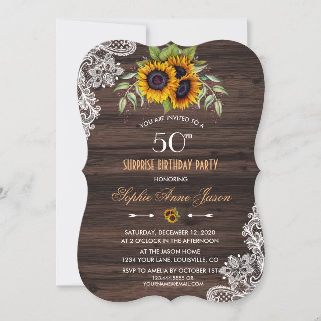 Rustic Sunflowers Wood 50 Birthday Party Invite (Front)