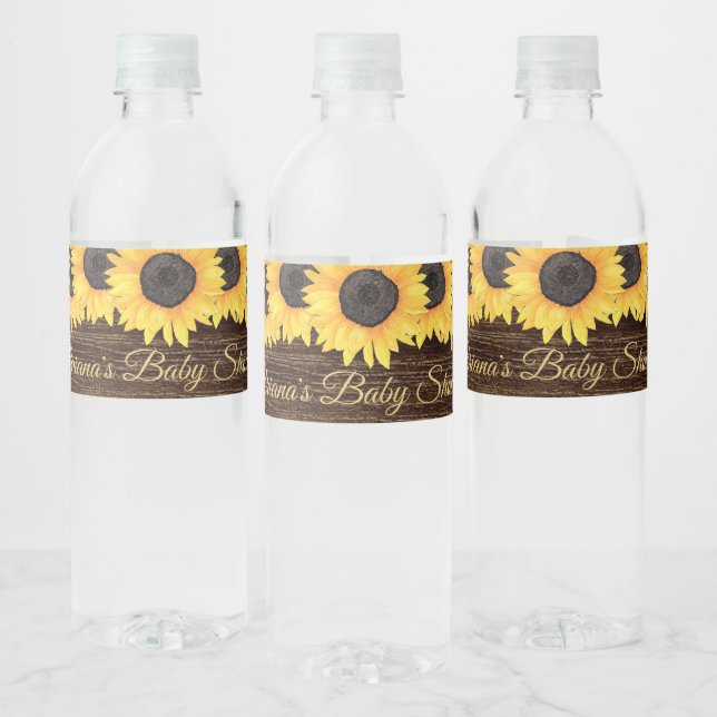 Rustic Sunflowers Wood Baby Shower Water Bottle Label (Bottles)