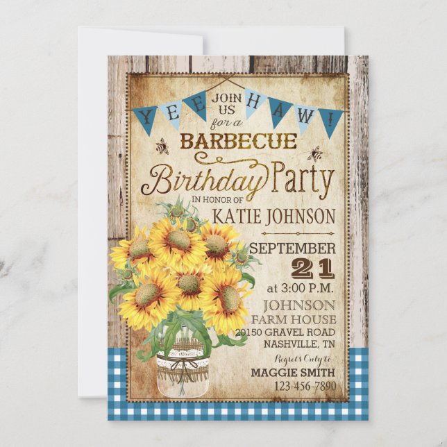 Rustic Sunflowers Wood Gingham Check Birthday Invitation (Front)