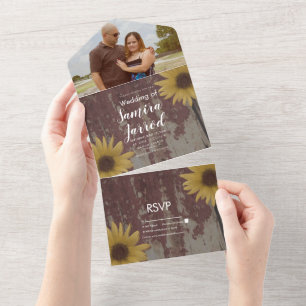 Rustic Sunflowers Wood Grain Wedding All In One Invitation