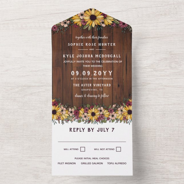Rustic Sunflowers Wood Grain Wedding All In One Invitation (Inside)