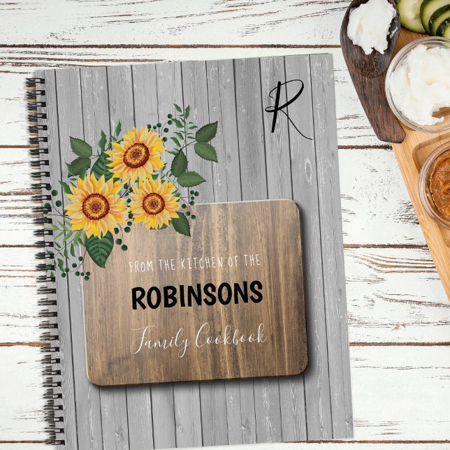 Rustic Sunflowers Wood | Grandma monogram cookbook Notebook (Creator Uploaded)