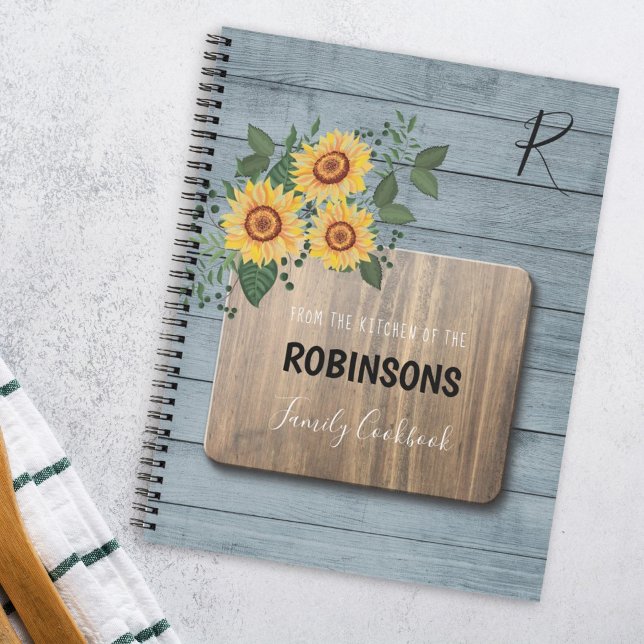 Rustic Sunflowers Wood | Grandma monogram cookbook Notebook (Creator Uploaded)