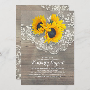 Rustic Sunflowers Wood Lace Baby Shower Invitation