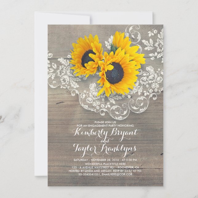 Rustic Sunflowers Wood Lace Engagement Party Invitation (Front)