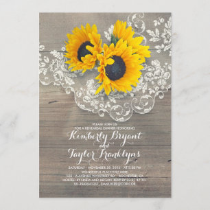 Rustic Sunflowers Wood Lace Rehearsal Dinner Invitation