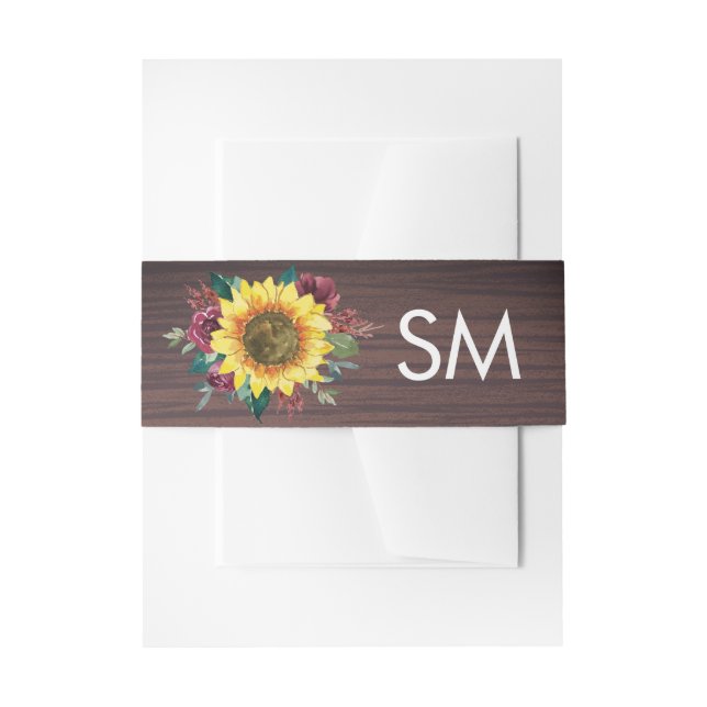 Rustic Sunflowers Wood Monogram Wedding Invitation Belly Band (Front Example)
