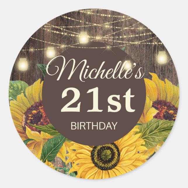 Rustic Sunflowers Wood String Lights 21st Birthday Classic Round Sticker (Front)