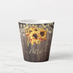 Rustic Sunflowers Wood String Lights Autumn Latte Mug