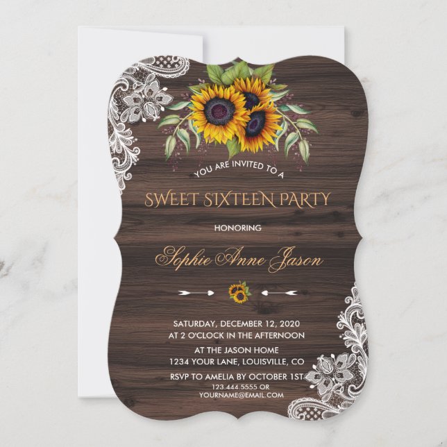 Rustic Sunflowers Wood Sweet Sixteen Party Invitation (Front)