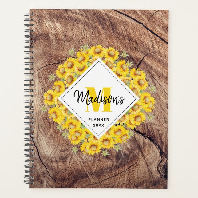 Rustic Sunflowers & Wood Texture Appointment Book Planner (Front)