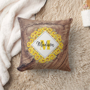 Rustic Sunflowers & Wood Texture Monogram Cushion
