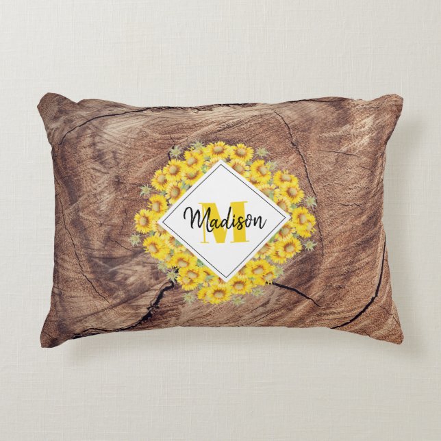 Rustic Sunflowers & Wood Texture Monogram Decorative Cushion (Front)