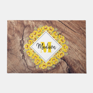 Rustic Sunflowers & Wood Texture Monogram Doormat