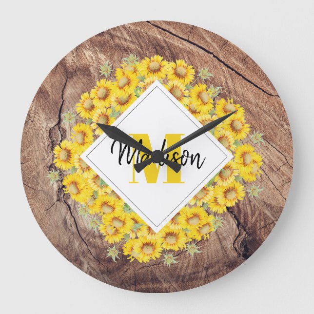 Rustic Sunflowers & Wood Texture Monogram Large Clock (Front)