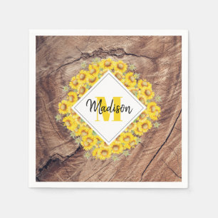 Rustic Sunflowers & Wood Texture Monogram Napkin
