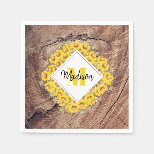 Rustic Sunflowers & Wood Texture Monogram Napkin (Front)