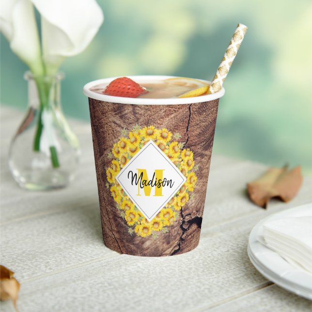 Rustic Sunflowers & Wood Texture Monogram  Paper Cups (Insitu)