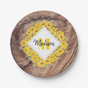 Rustic Sunflowers & Wood Texture Monogram Paper Plate