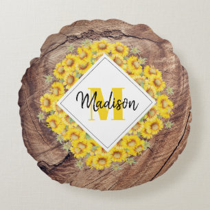 Rustic Sunflowers & Wood Texture Monogram Round Cushion