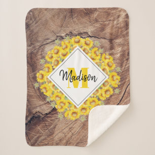 Rustic Sunflowers & Wood Texture Monogram Sherpa Blanket