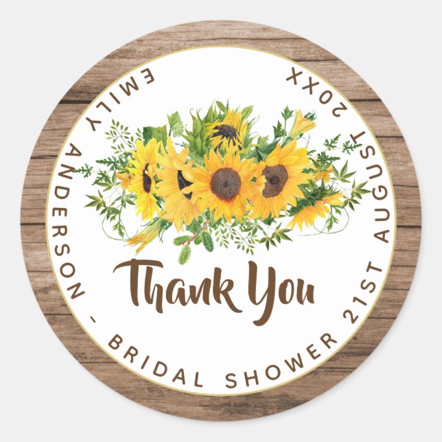 Rustic Sunflowers Wood Thank You Wedding Favour Classic Round Sticker (Front)