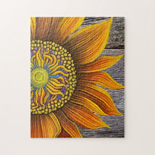 Rustic Sunny Sunflower on Barn Board Jigsaw Puzzle