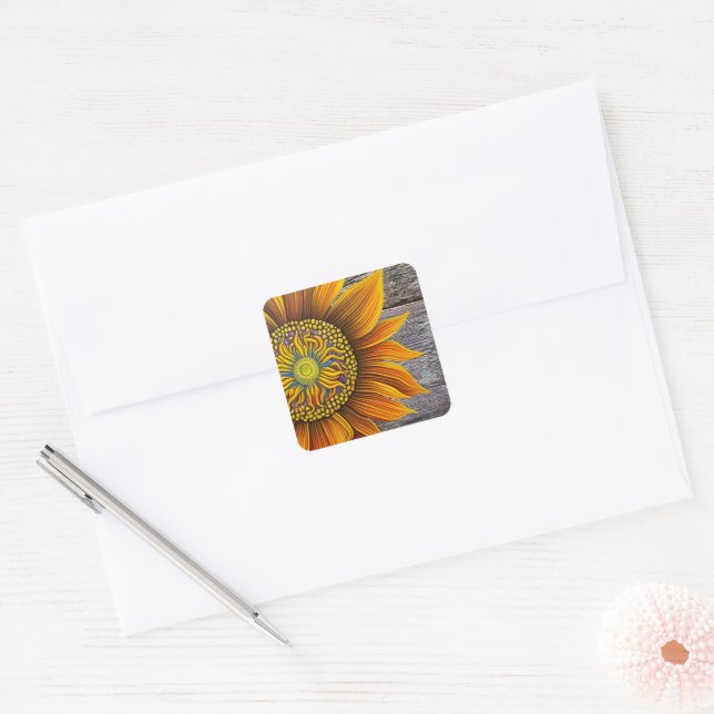 Rustic Sunny Sunflower on Barn Board Square Sticker (Envelope)